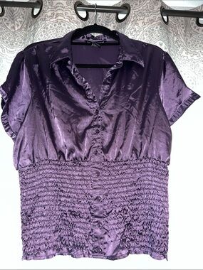 Antilia Femme Purple Satin Short-Sleeve Smocked Blouse